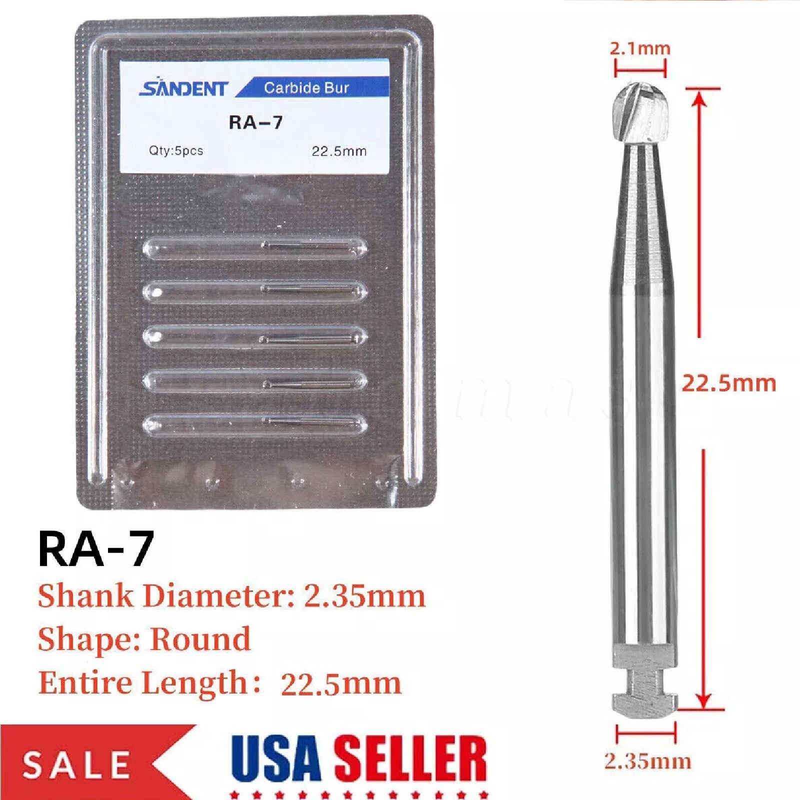 5 Pcs/Pack Dental 22.5mm Round Carbide Bur Slow Speed Latch Type RA7 Burs USA