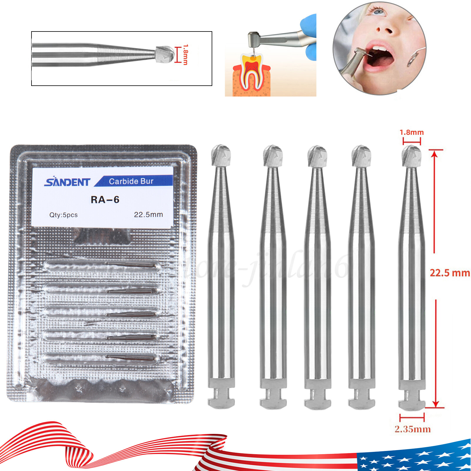 5 Pcs/Pack Dental 22.5mm Round Carbide Bur Slow Speed Latch Type RA4 Burs USA