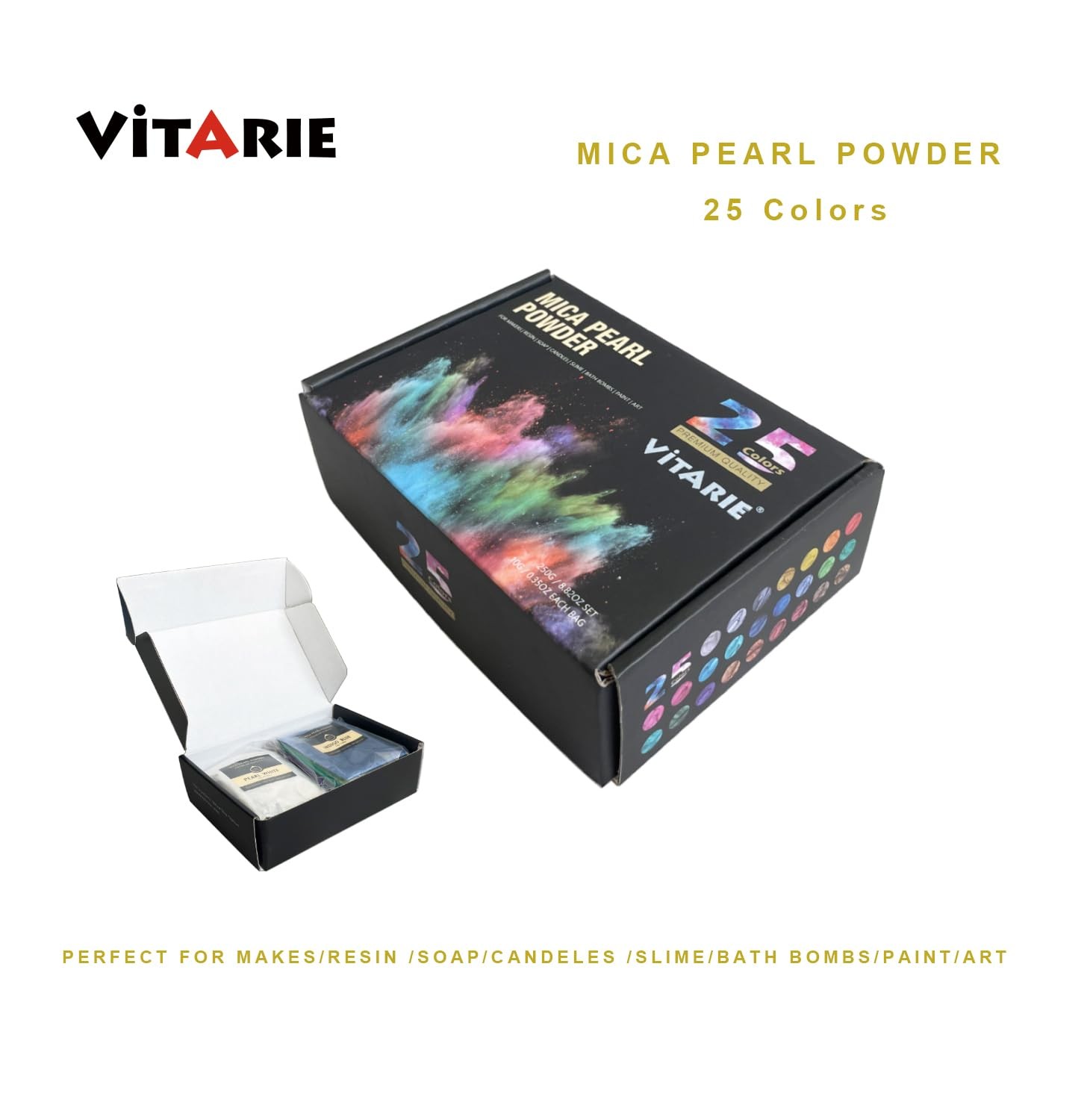 VITARIE Mica Powder of Natural, 25 Colors -0.35 oz(10g)/Bag, 25 colors x 10g