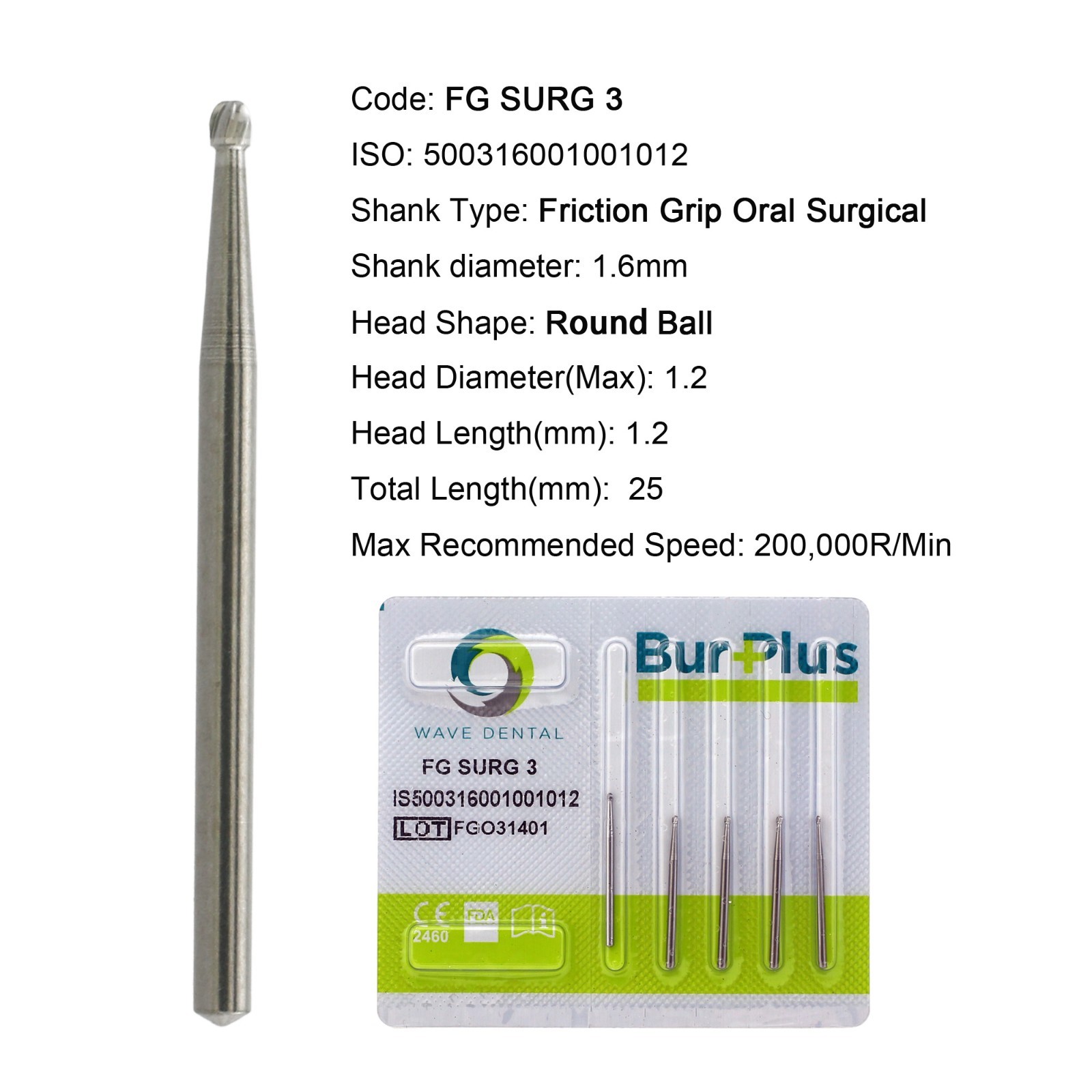Wave Dental Carbide Burs Surgical FG SURG 25mm Round Friction Grip FG 6 4 8 19mm