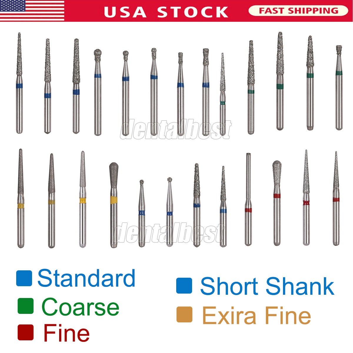 100 Types Dental FG Diamond Burs For High Speed Handpiece Friction Grip 50pcs
