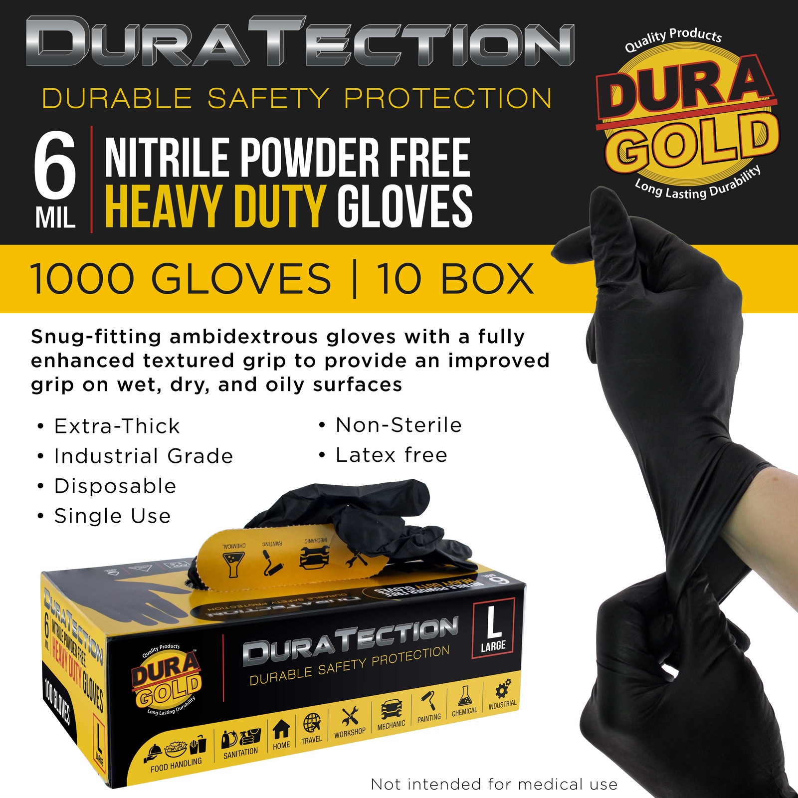 Dura-Gold HD Black Nitrile Disposable Gloves, 10 Boxes of 100, Size Large, 6 Mil