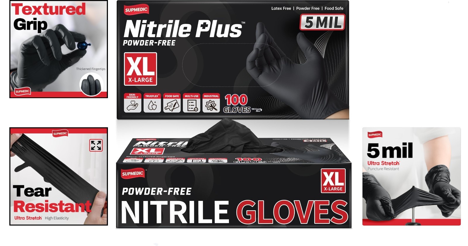 Black Industrial Disposable Nitrile Gloves 4 & 5 Mil Latex & Powder Free