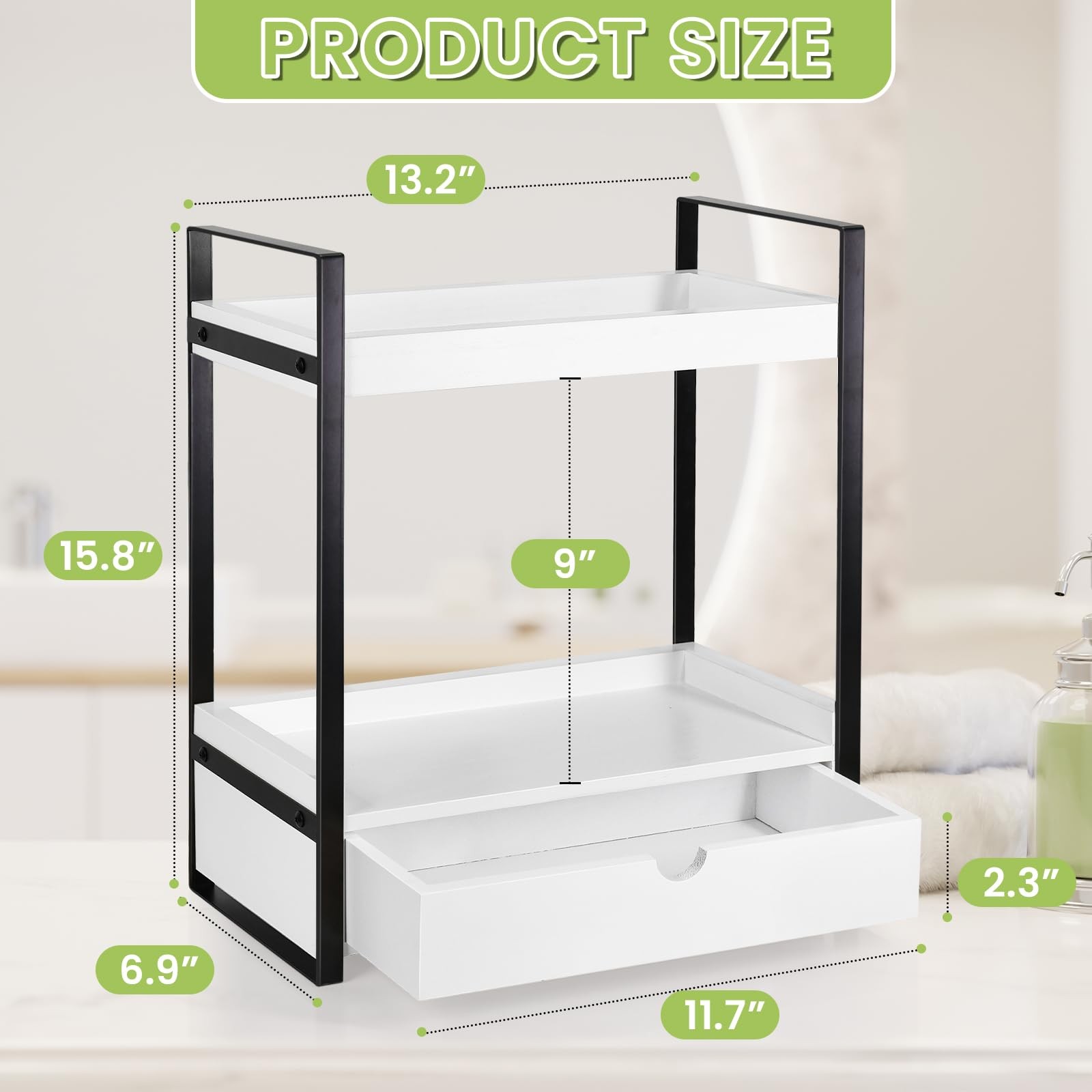 2-Tier Wooden Counter Shelf with Drawer, Vanity Organizer, Farmhouse Decor
