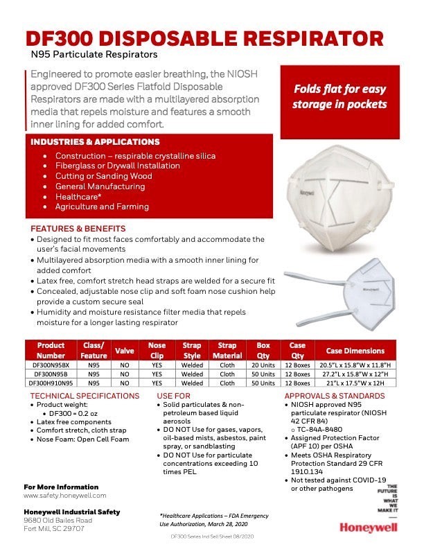 Honeywell DF300 N95 Flatfold Disposable Respirator- Box of 300 – White