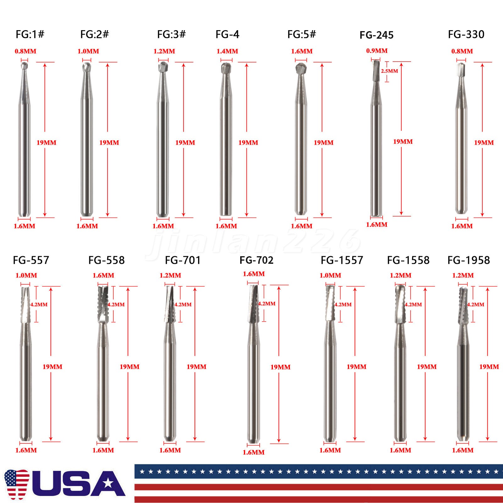 10pcs Dental Trimming Finishing Carbide Burs FG # Friction Grip Fit High Speed
