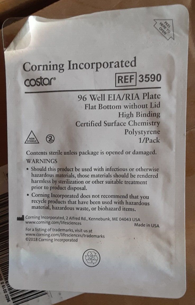 Corning/Costar 96 Well Flat Bottom/no lid/clear (box of 100) 3590