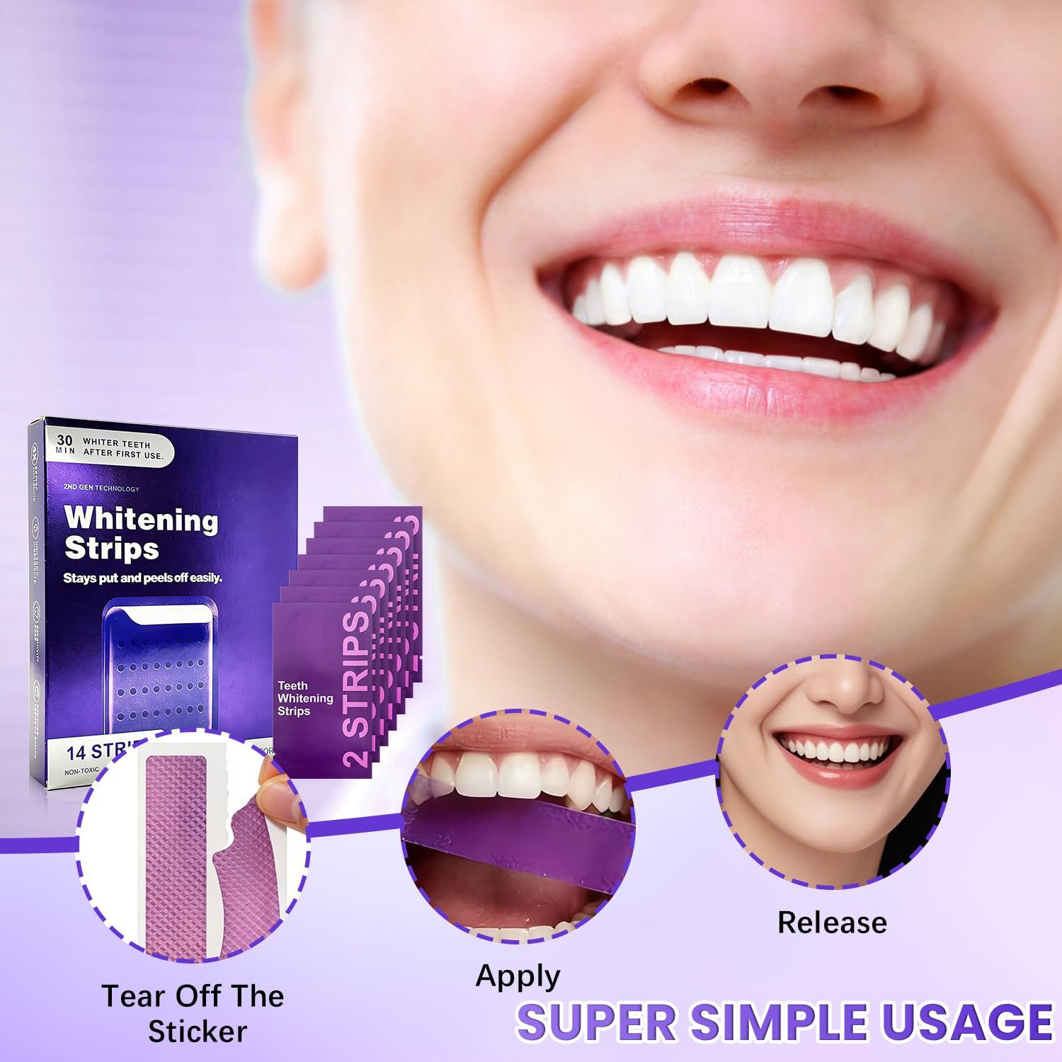 2PC Purple whitening Strips, 14 Strips(28) per, 1 Count (Pack of 1), 1