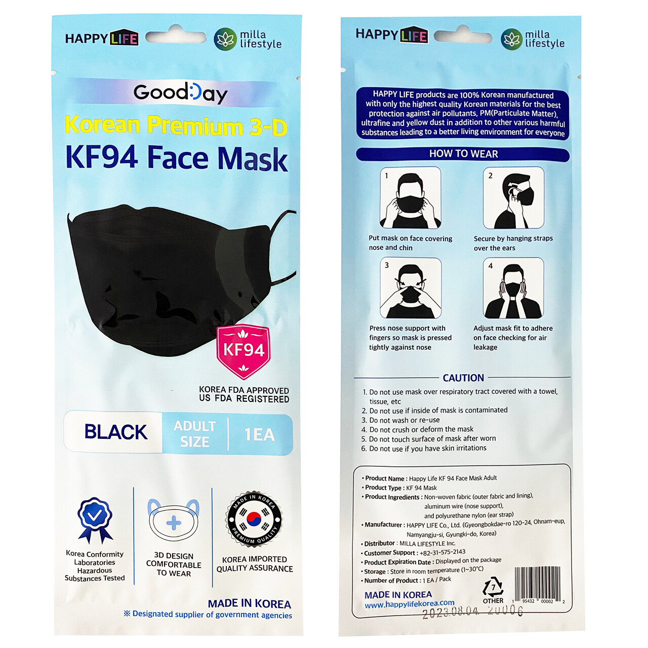 2 PCS KF94 BLACK Protective Face Mask Adult Made in Korea KFDA Approved