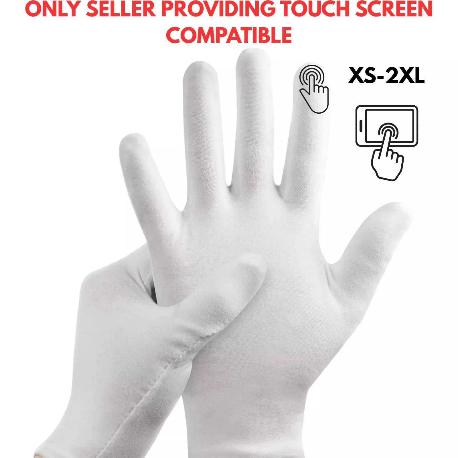 100% COTTON WHITE GLOVES Sizes-S to 2XL Moisturising Eczema TOUCH SCREEN UNISEX