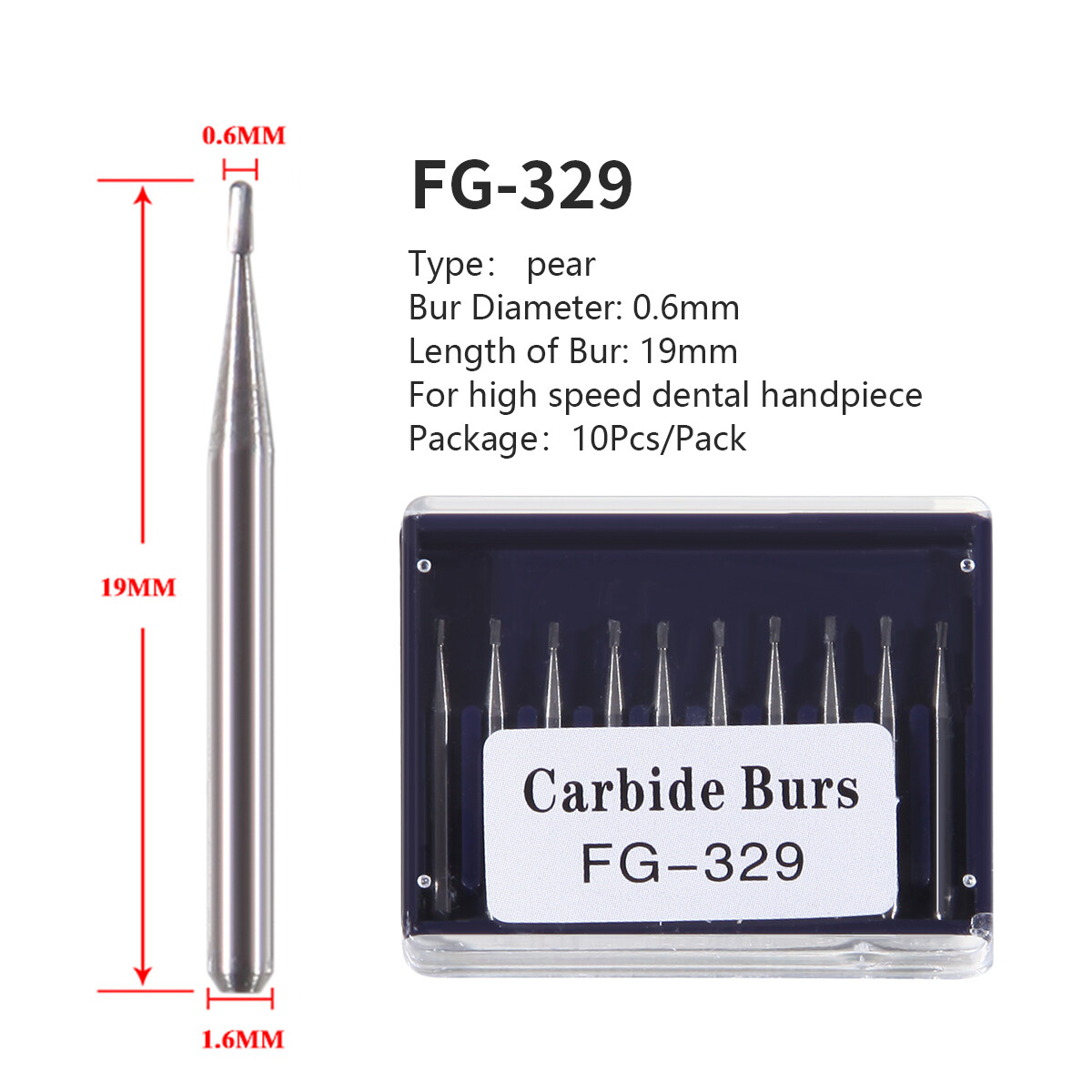 1 Box Dental Carbide Burs Pear-Shaped Type High Speed Tungsten Steel Bur FG329