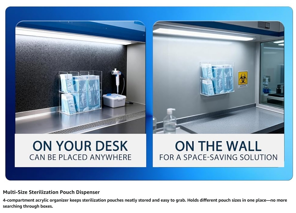 Sterilization Pouch Organizer –4-Compartment Acrylic Dispenser Holder,Wall Mount