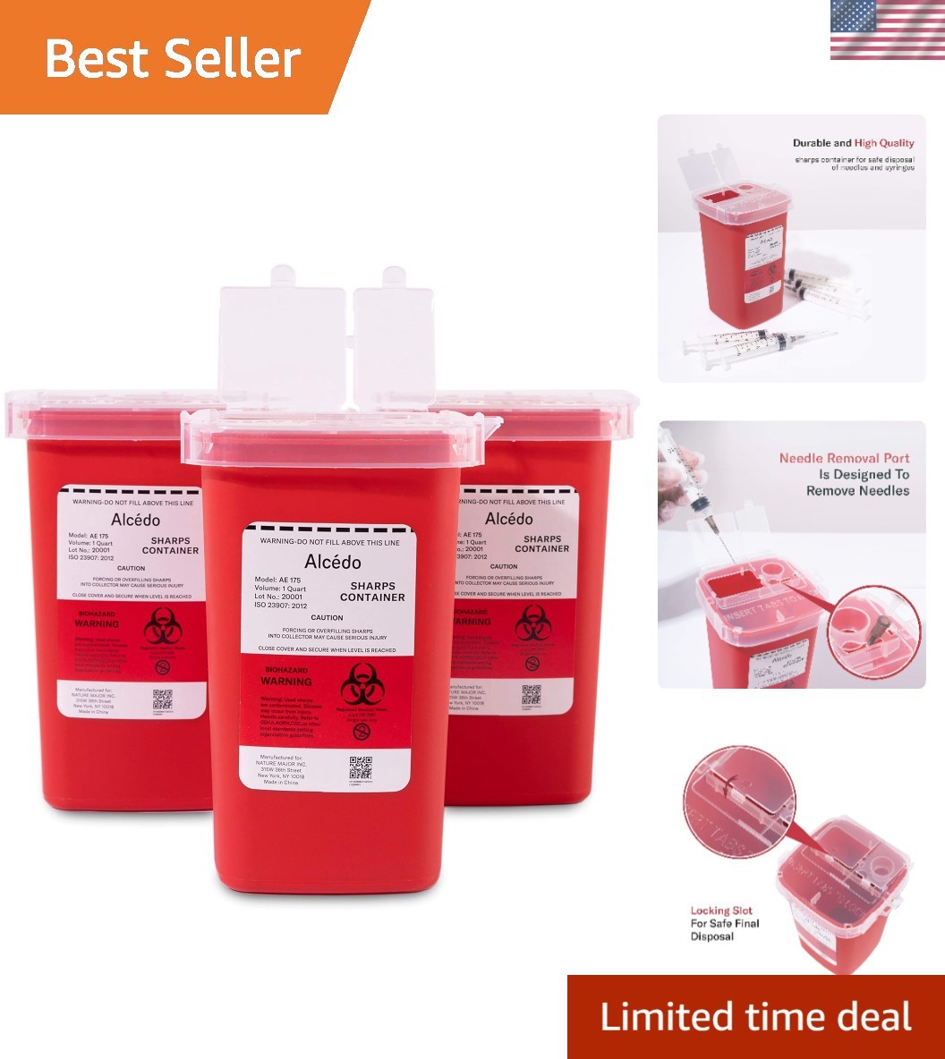Portable 1 Quart Sharps Container Set for Home & Professional Use – 3 Count