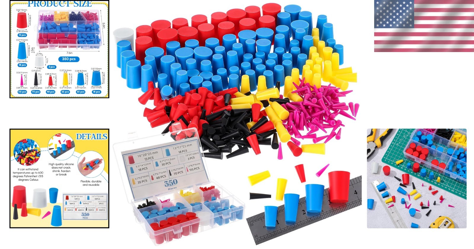 Multicolor Silicone Tapered Plugs – 350 Pcs for Coating and Painting Tasks