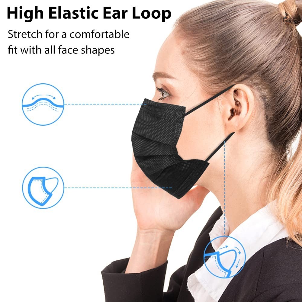 Soft Breathable Black Face Masks, 3-Ply Design, 100 Pack for Everyday Safety