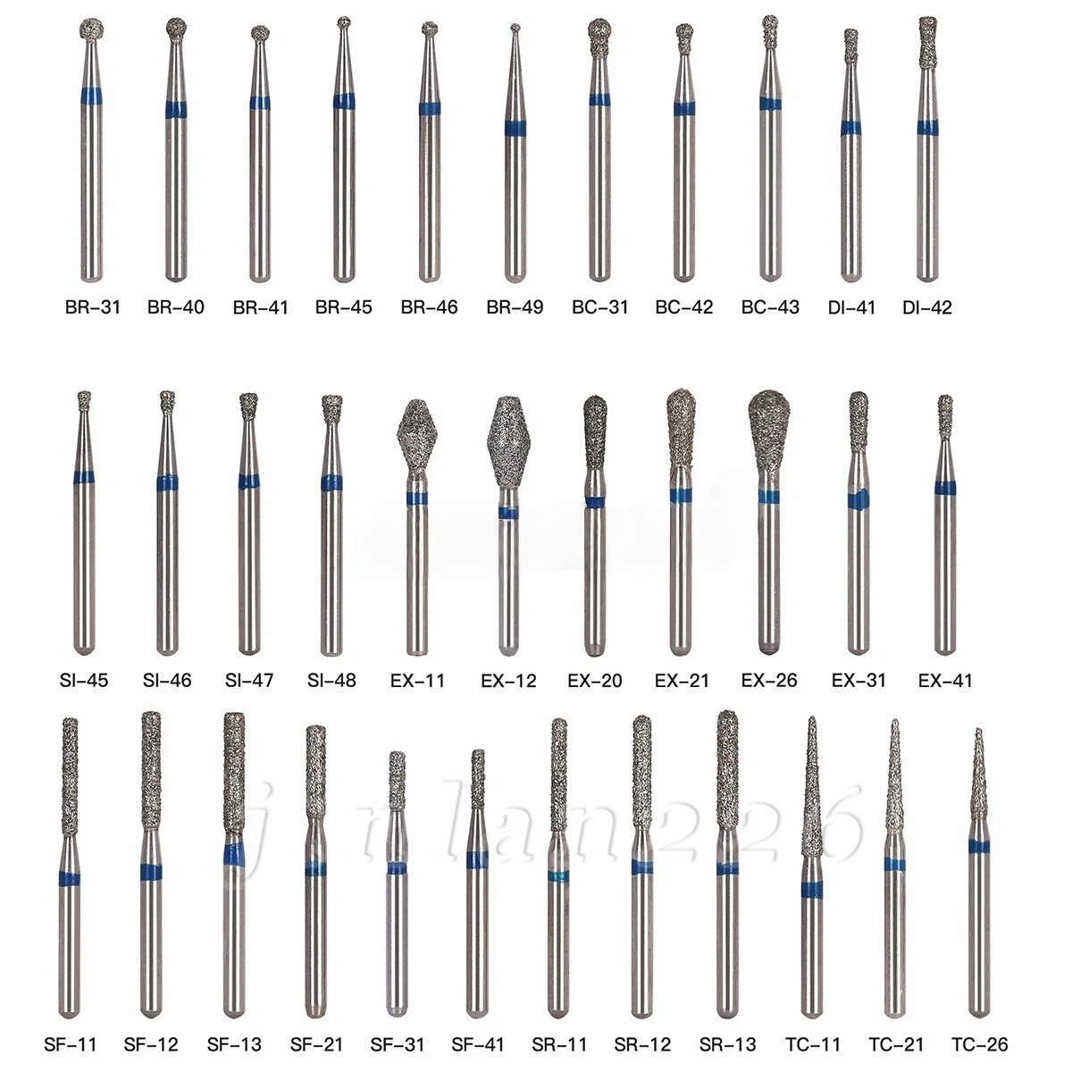 100 Types Dental FG Diamond Burs For High Speed Handpiece Friction Grip 50pcs