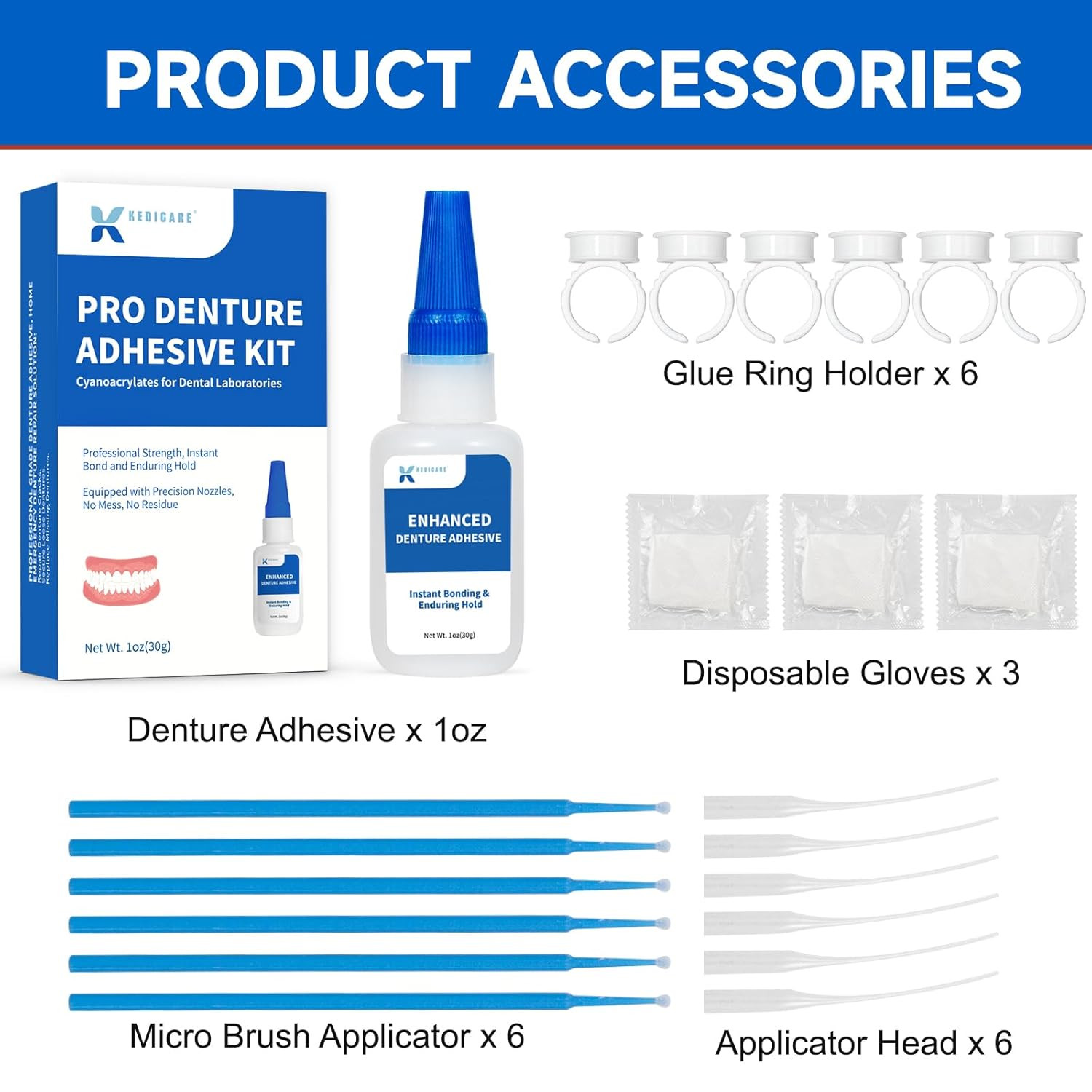 Dental Lab Denture Repair Adhesive Kit, 1oz Pro Instant Bonding Denture Glue for