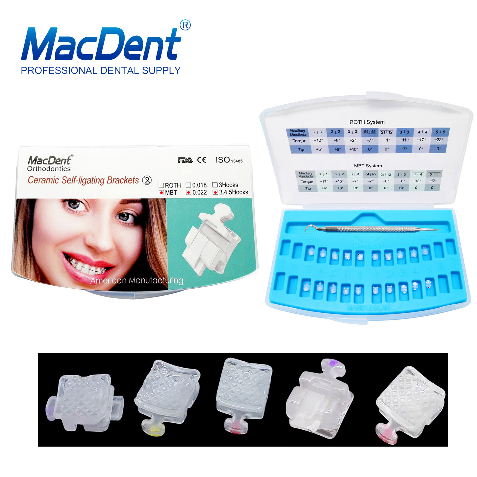 Orthodontic Self Ligating Brackets Ceramic Sapphire brace RothMBT 022”3/345Hook