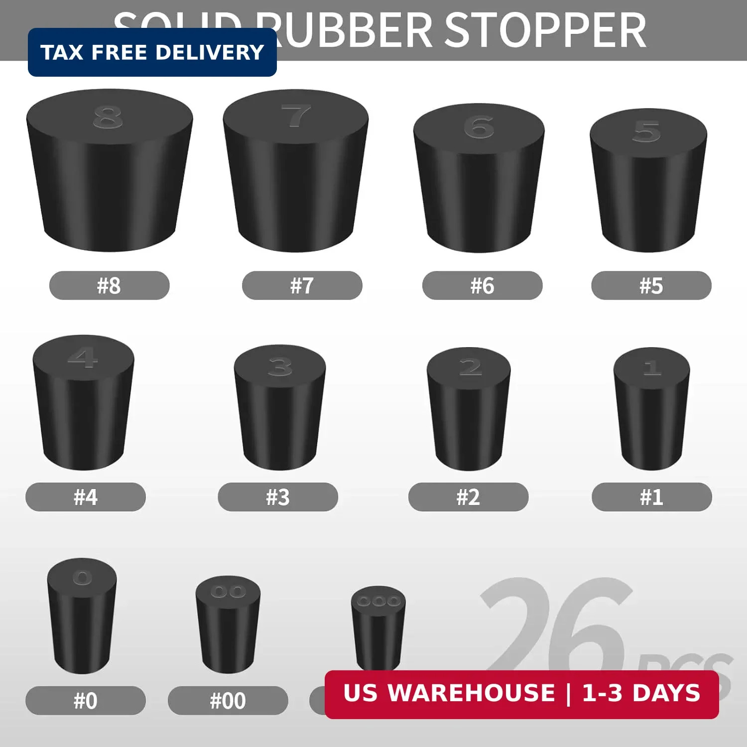 Aleric 26 Pack Solid Rubber Stoppers – 11 Assorted Sizes Stopper Plugs, 000# – 8