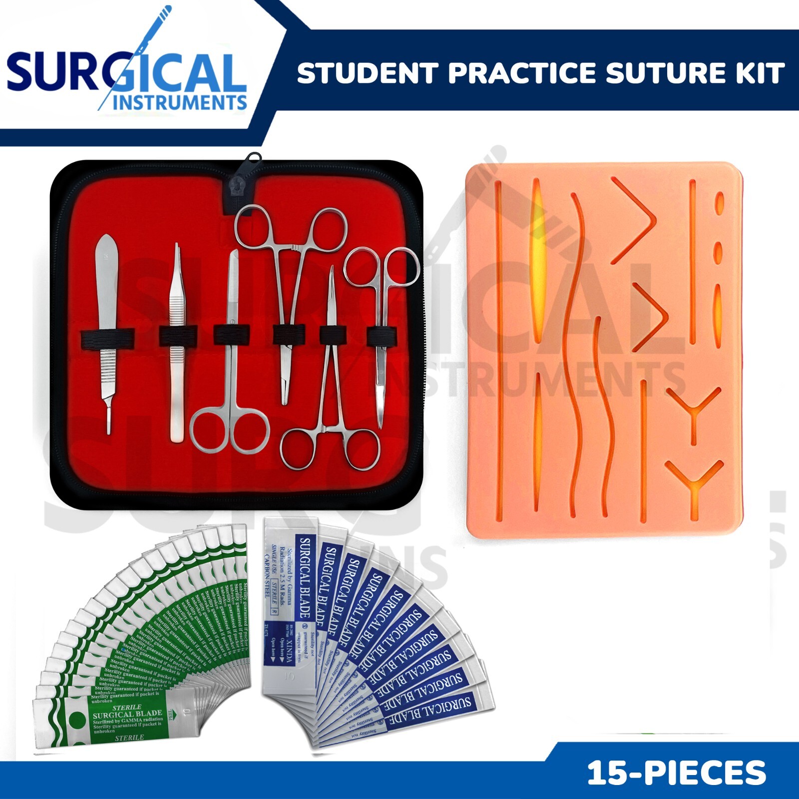 15 Piece Practice Suture Kit Set for Medical and Veterinary Student Training