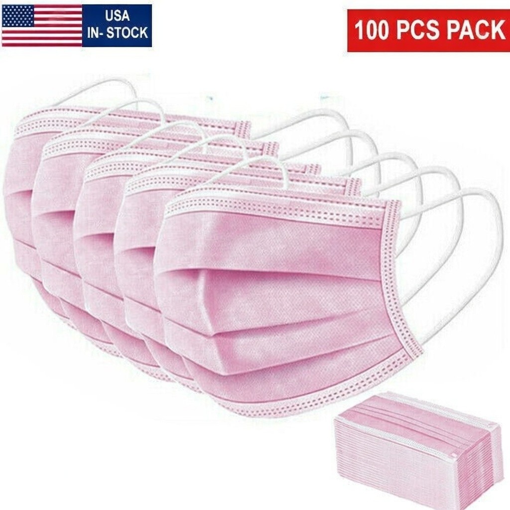 PINK 100 PCS Disposable Face Mask Non Medical Surgical 3 Ply Ear loop Masks USA