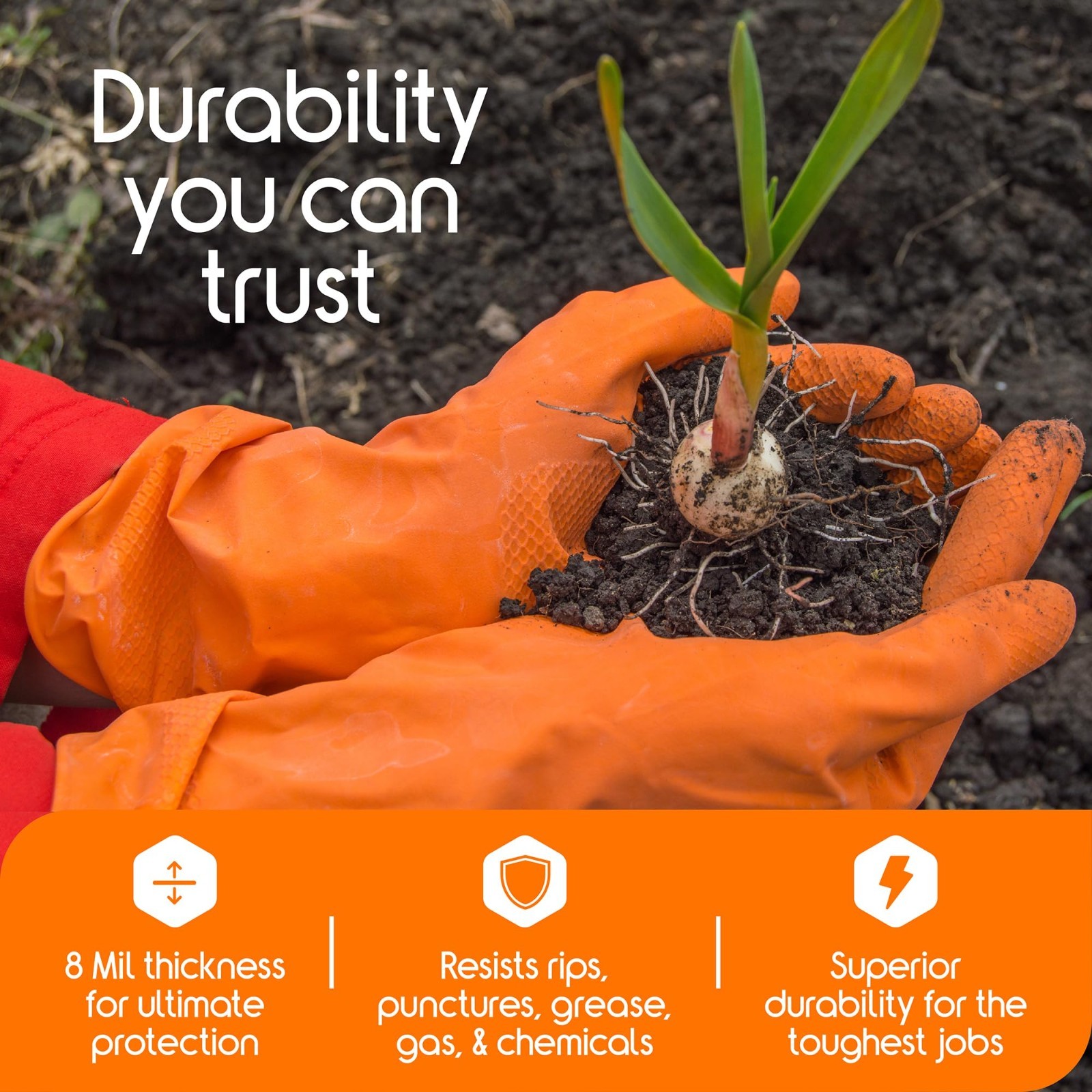 Heavy Duty Orange Nitrile Gloves | 8 Mil Diamond Textured Grip | Industrial Mech
