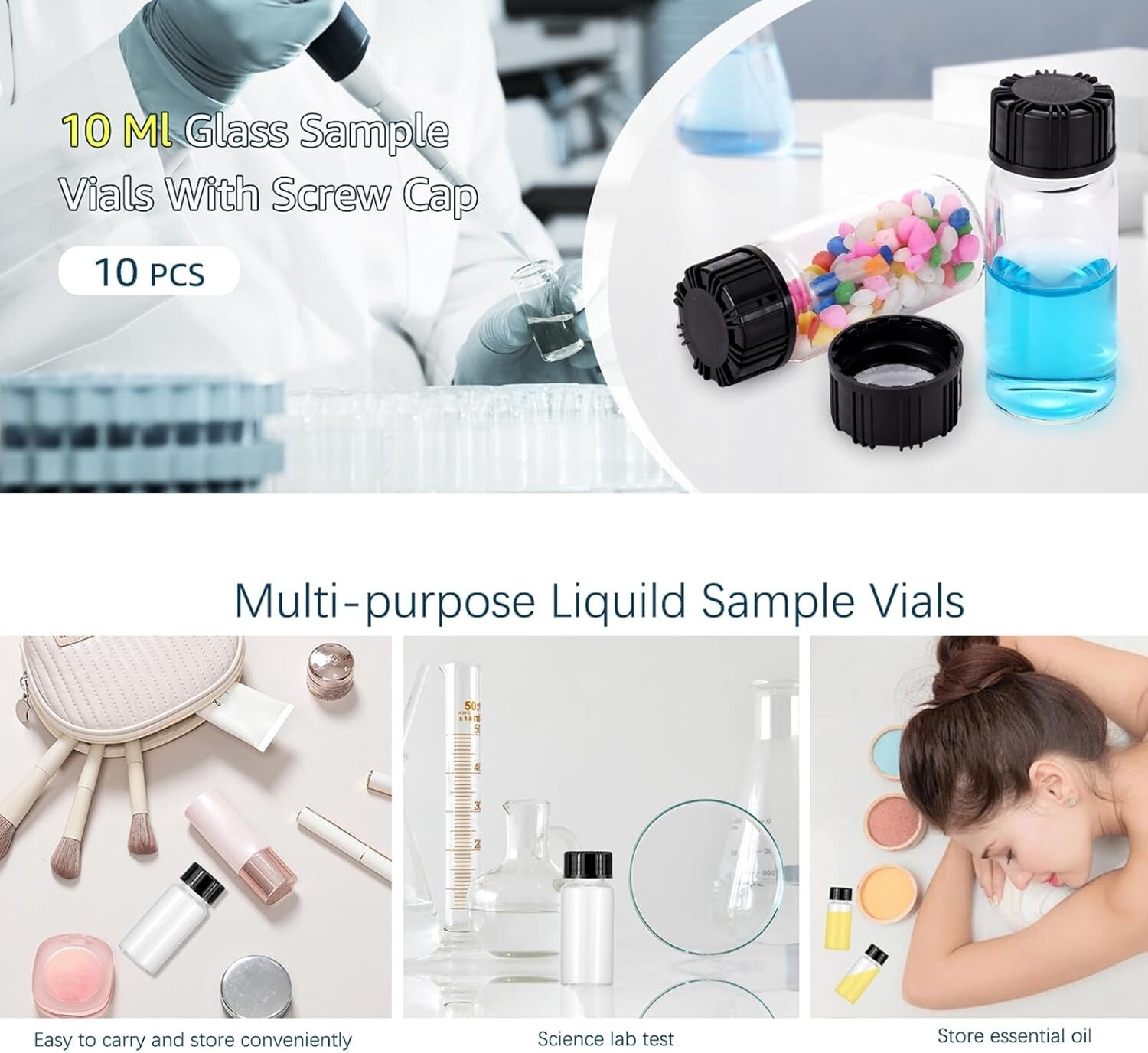 10Pack 10Ml Clear Glass Vials with Screw Caps Small Liquid Sample Vial LeakProof