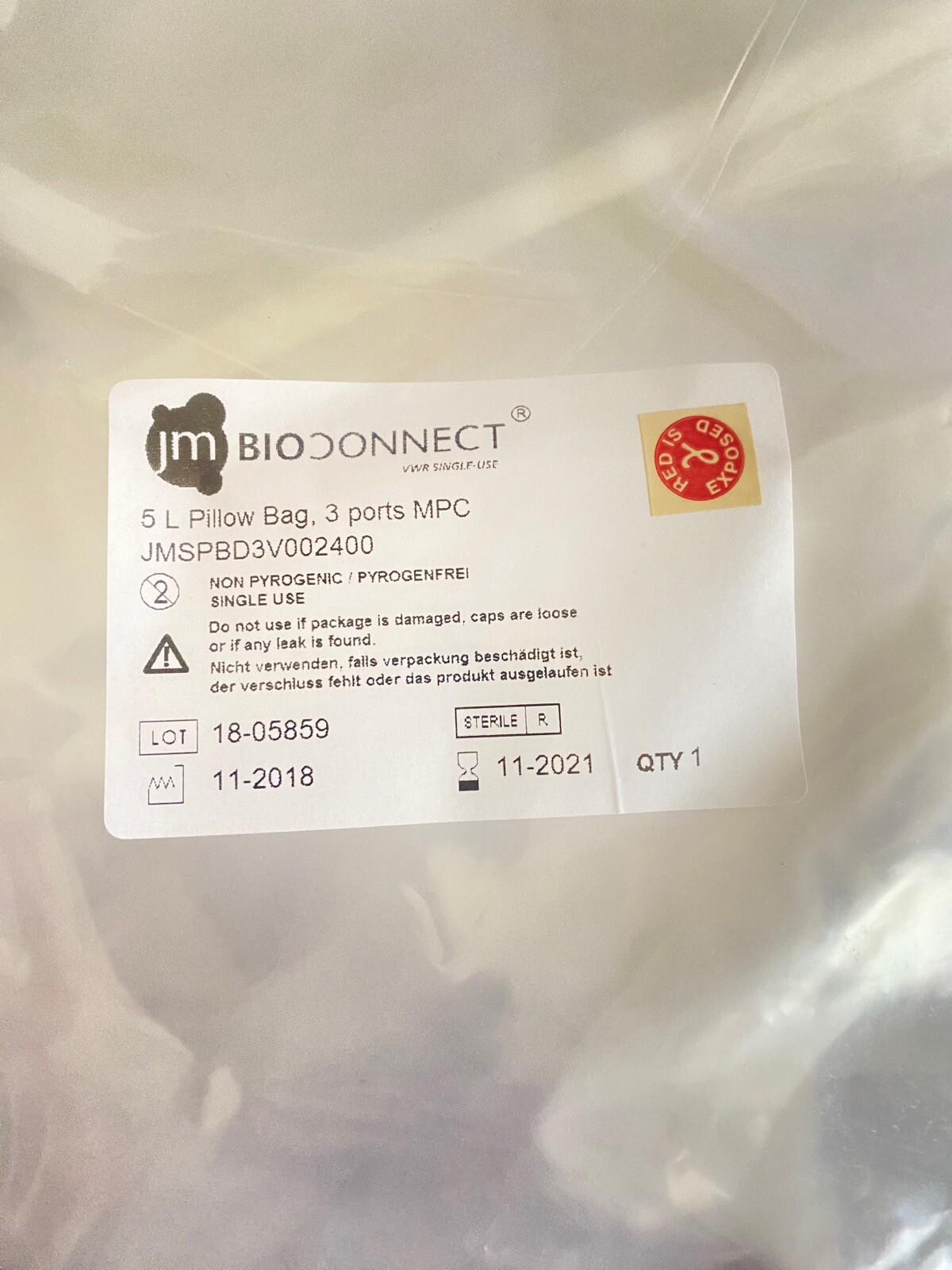 JM BIOCONNECT Hanging 5L Disposable Bio Pillow Bag 3-Port MPC JMSPBD3V002400