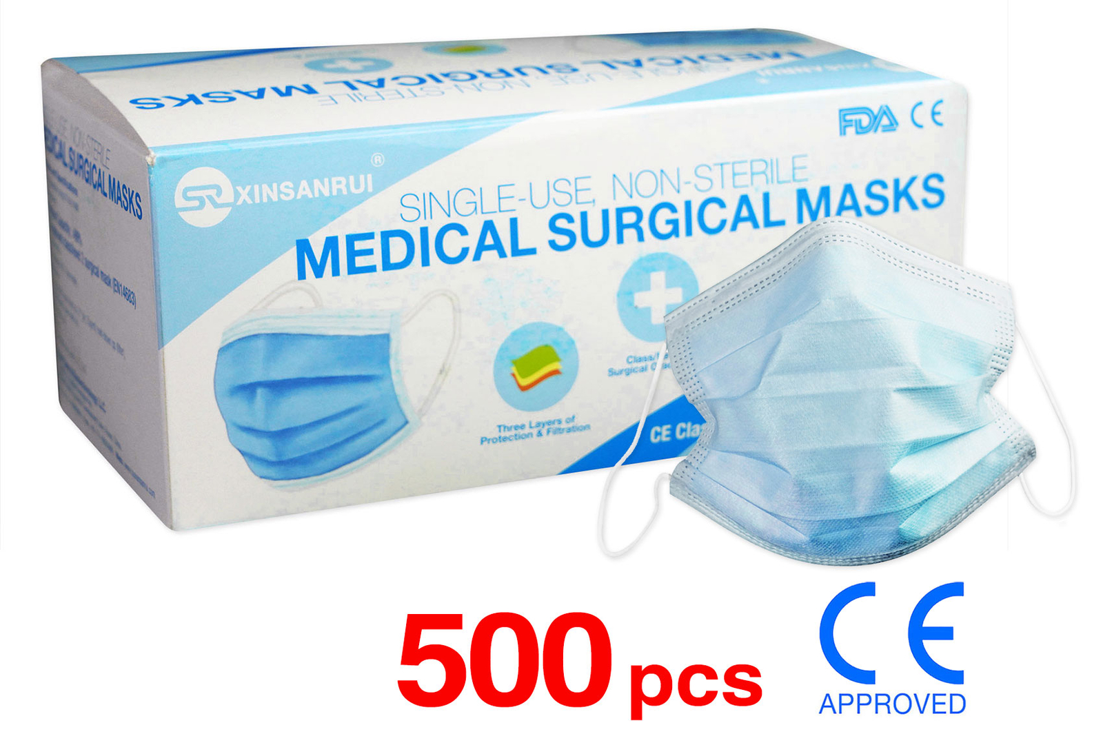 500 Pack CE Approved Class/Level 2 Surgical Disposable Face Mask/3-Ply 98% BFE