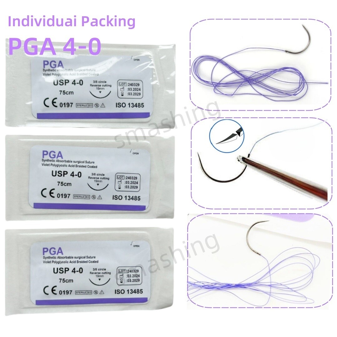 50Pcs Dental Absorbable Oral Surgical Suture Violet PGA 4-0 75cm 3/8 Reverse Cut