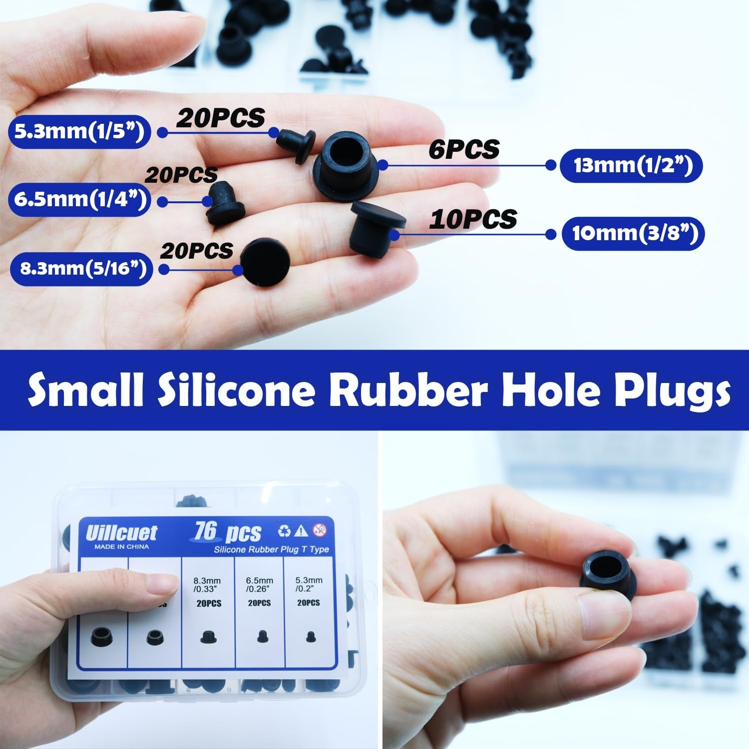 76PCS Black Hole Plugs Silicone Stoppers Assortment Kit Small Rubber Plugs fo…
