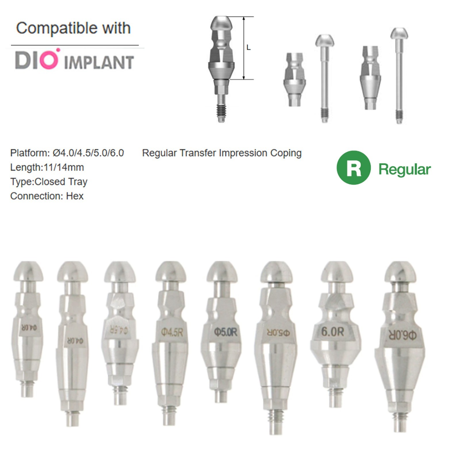 Dental DIO UFII Fixture Transfer Impression Coping Open/closed Tray Regular Hex