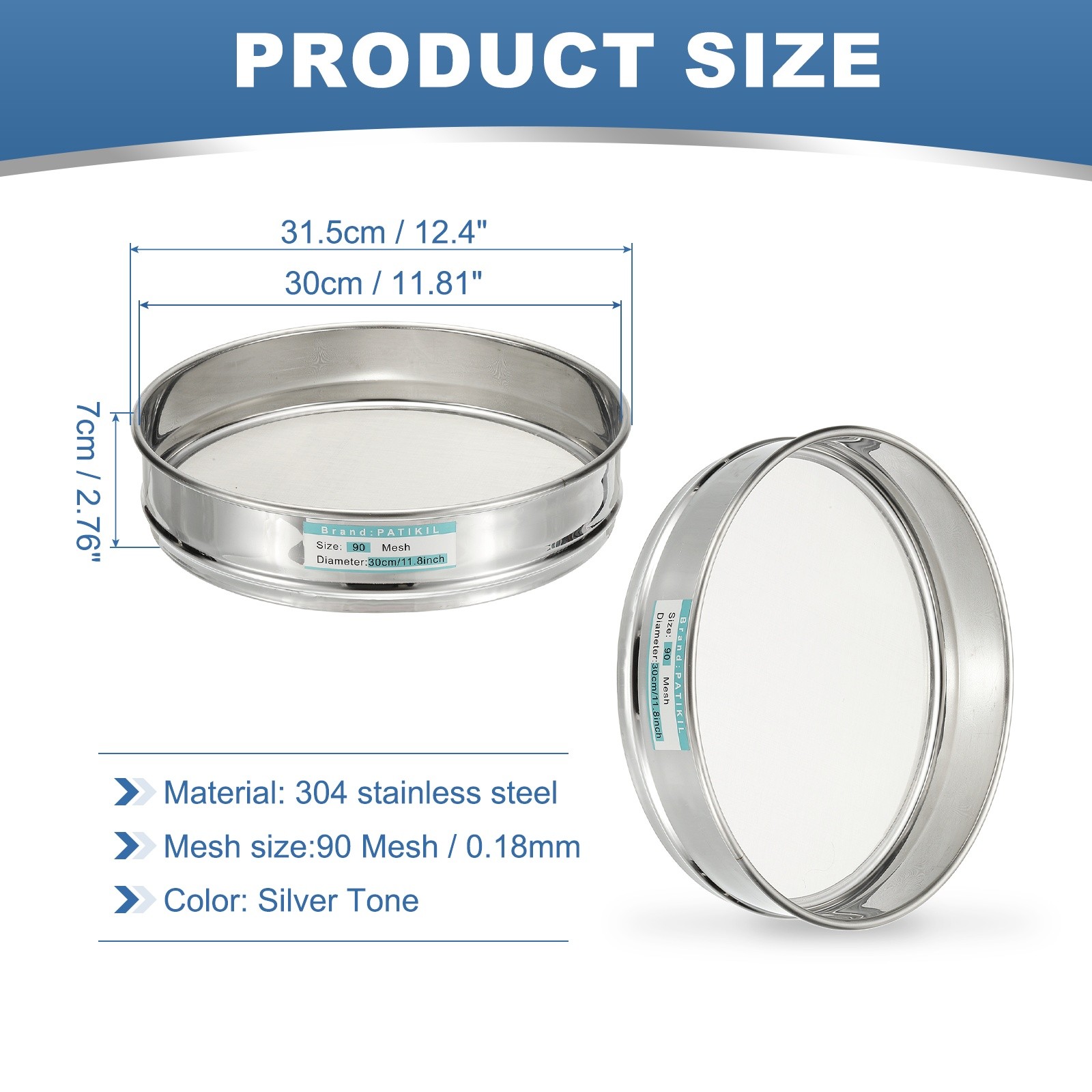 90 Mesh Lab Sieve, 11.8″ Diameter Test Sieve 304 Stainless Steel(0.18mm)