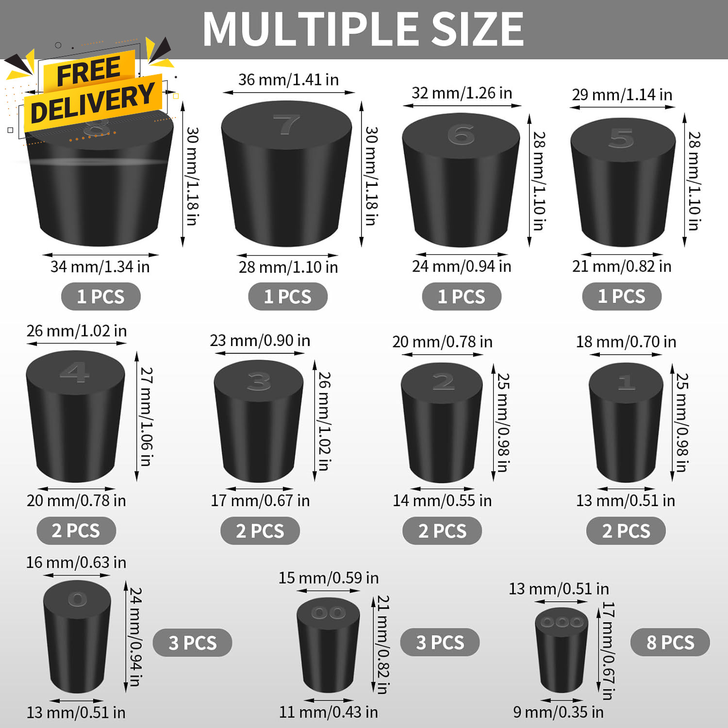 26 Pack Solid Rubber Stoppers 11 Assorted Sizes Stopper Plugs 000