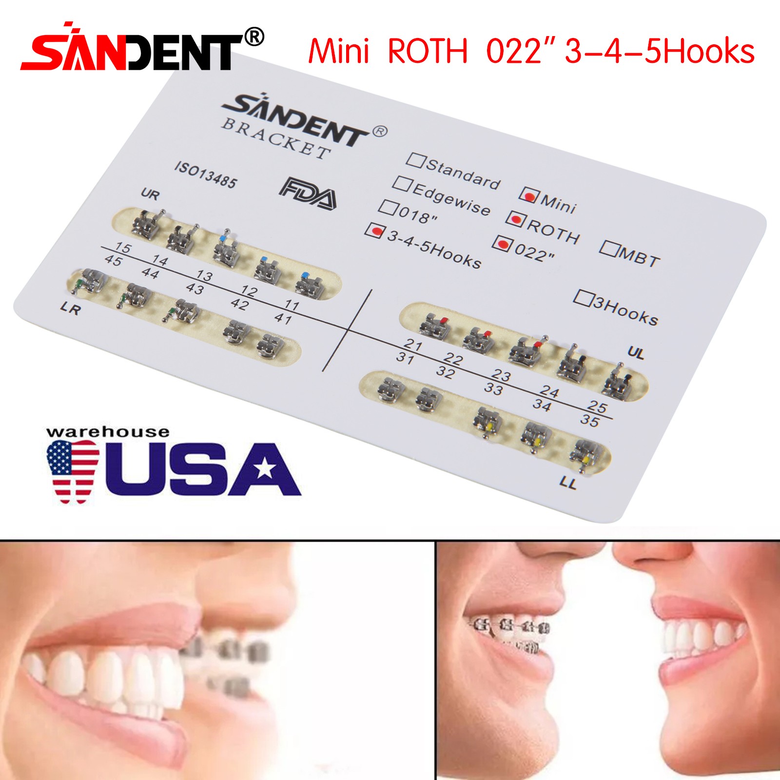 10 packs Dental Orthodontics Metal Bracket Braces Mini MBT 022″Slot Hooks 3-4-5