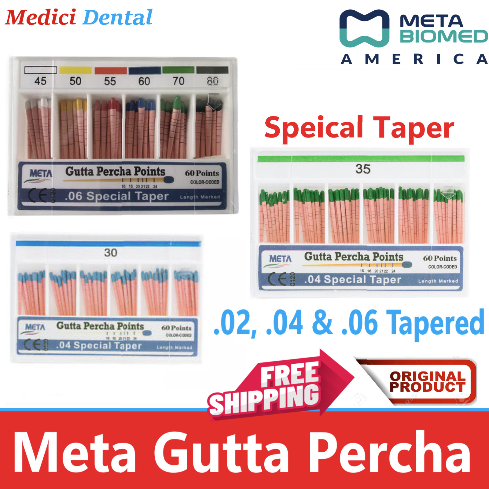 Dental Meta GUTTA PERCHA Taper .04 & .06 All Sizes #15 Through #80, 60/pk USA