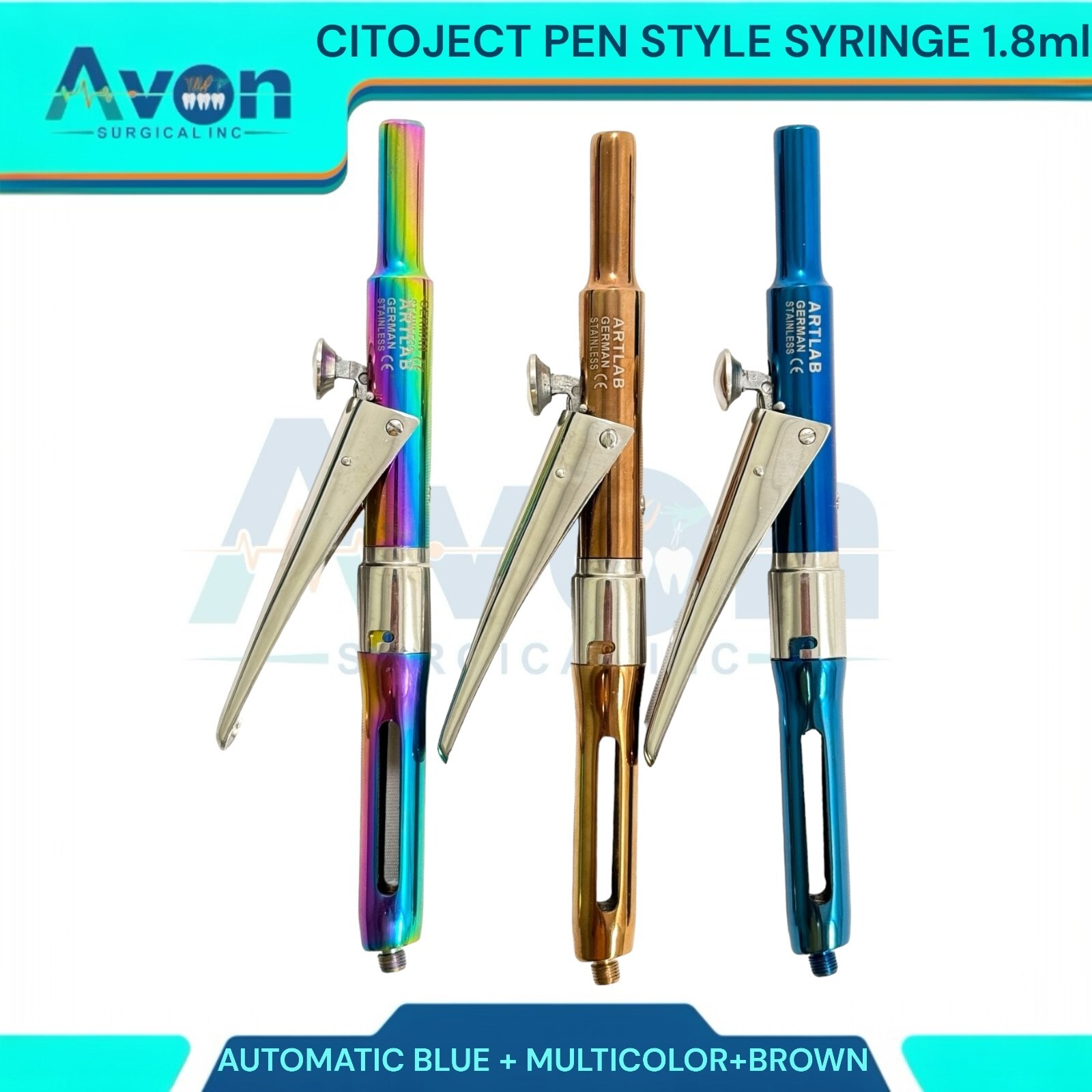 3PK Dental Anthestetic Pen Syringe 1.8mL, Multicolor+Brown+Blue, Stainless