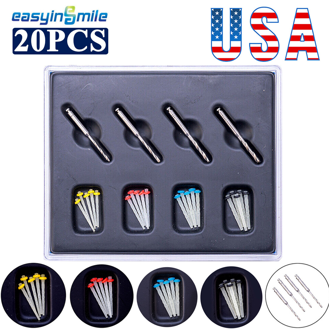 20Pcs Dental Endo Fiber Post Resin Quartz Glass Screw Pile & 4Drills Transparant