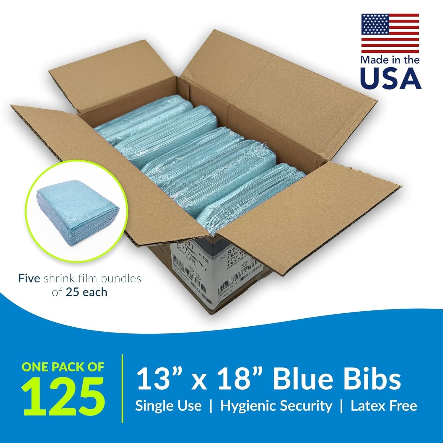 Hygienic Disposable Dental Bibs by Choice – Blue, 3-Layer, 125 Count, USA Made