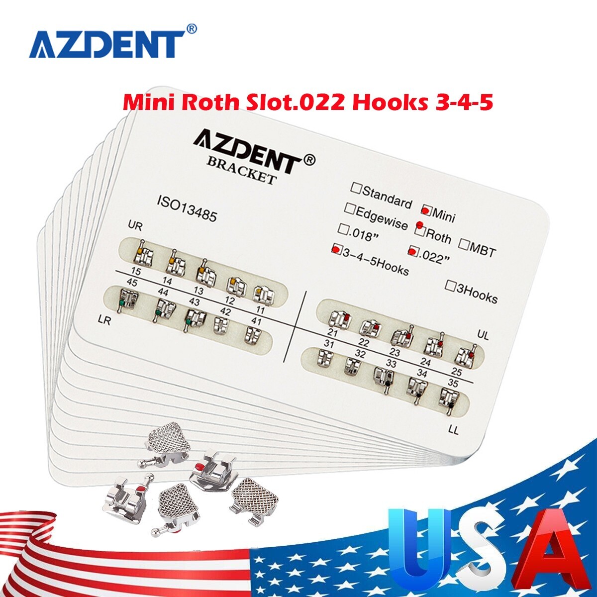 10kits AZDENT Dental Brackets Braces Orthodontic Mini Roth0.022″ Hooks 3-4-5