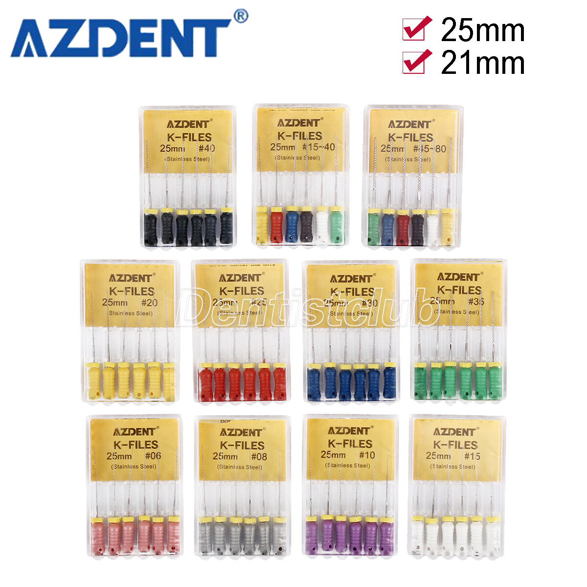 AZDENT Dental Endodontic K-file Stainless Steel Hand Use Files 06#-40# 25mm/21mm