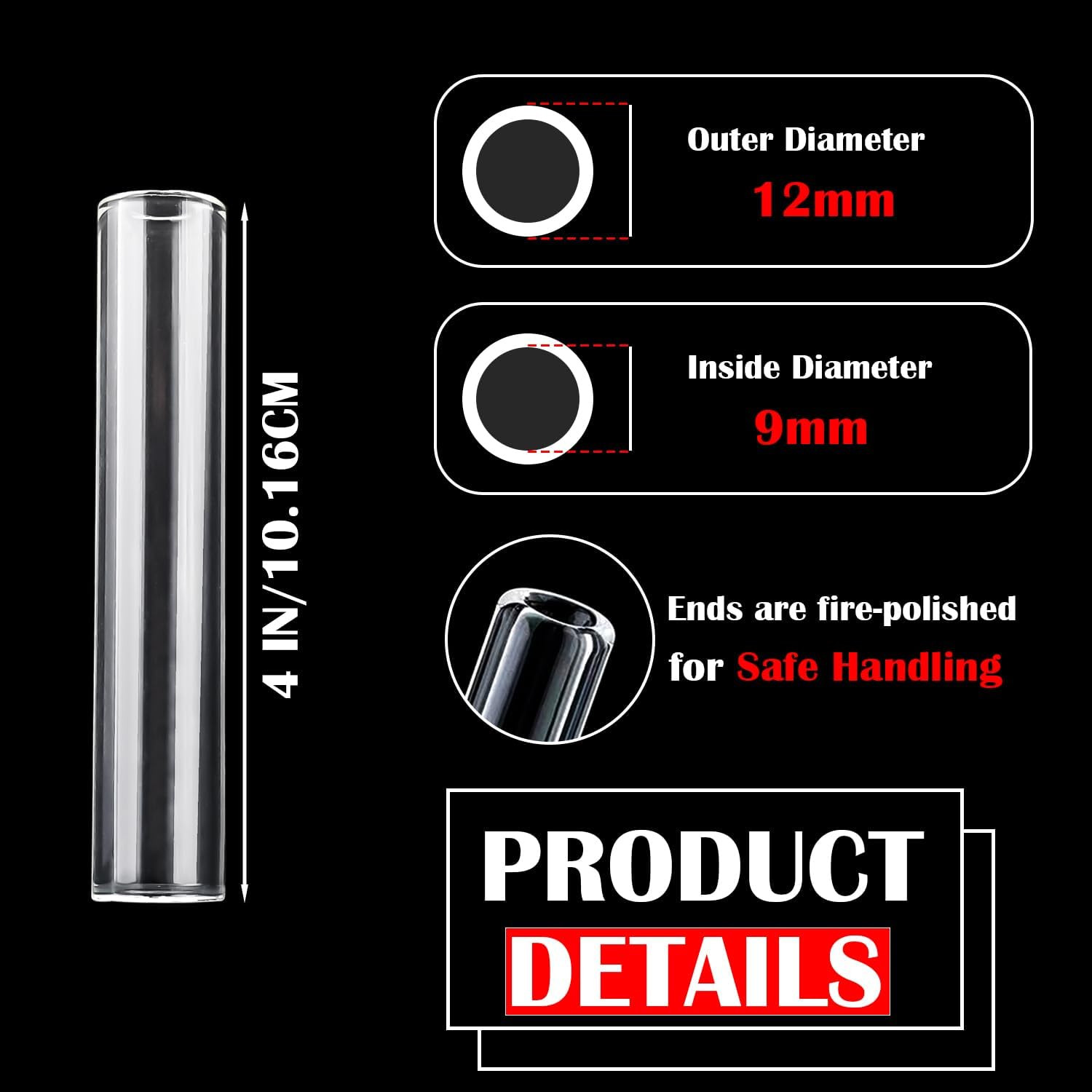 Clear 10 Pcs Borosilicate Glass Tubing 4″ Length 12 mm OD 9mm ID 1.5mm Thick Gla