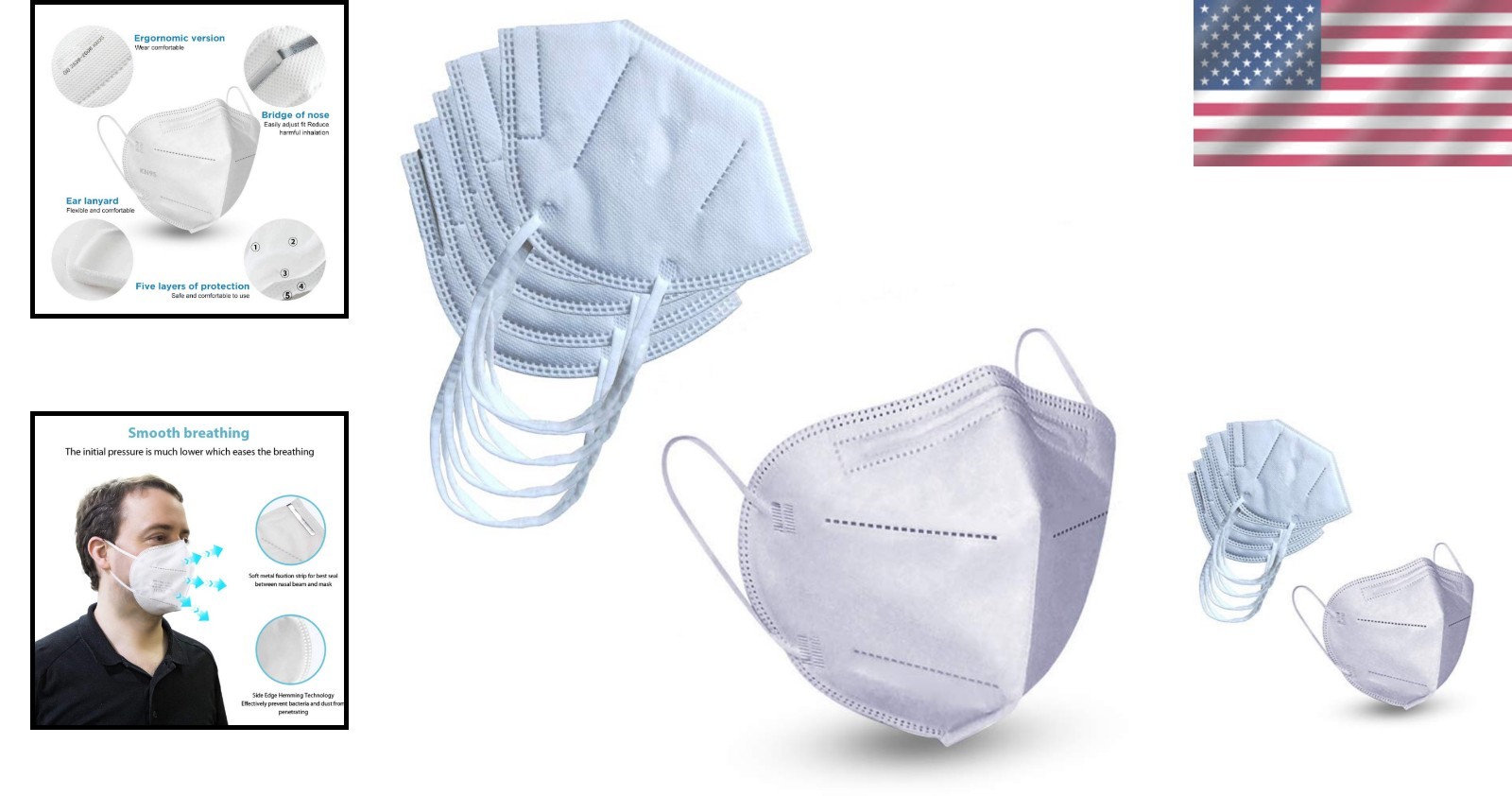 Comfortable KN95 5-Ply Face Masks, Individually Wrapped for Everyday Use, 5 Pack
