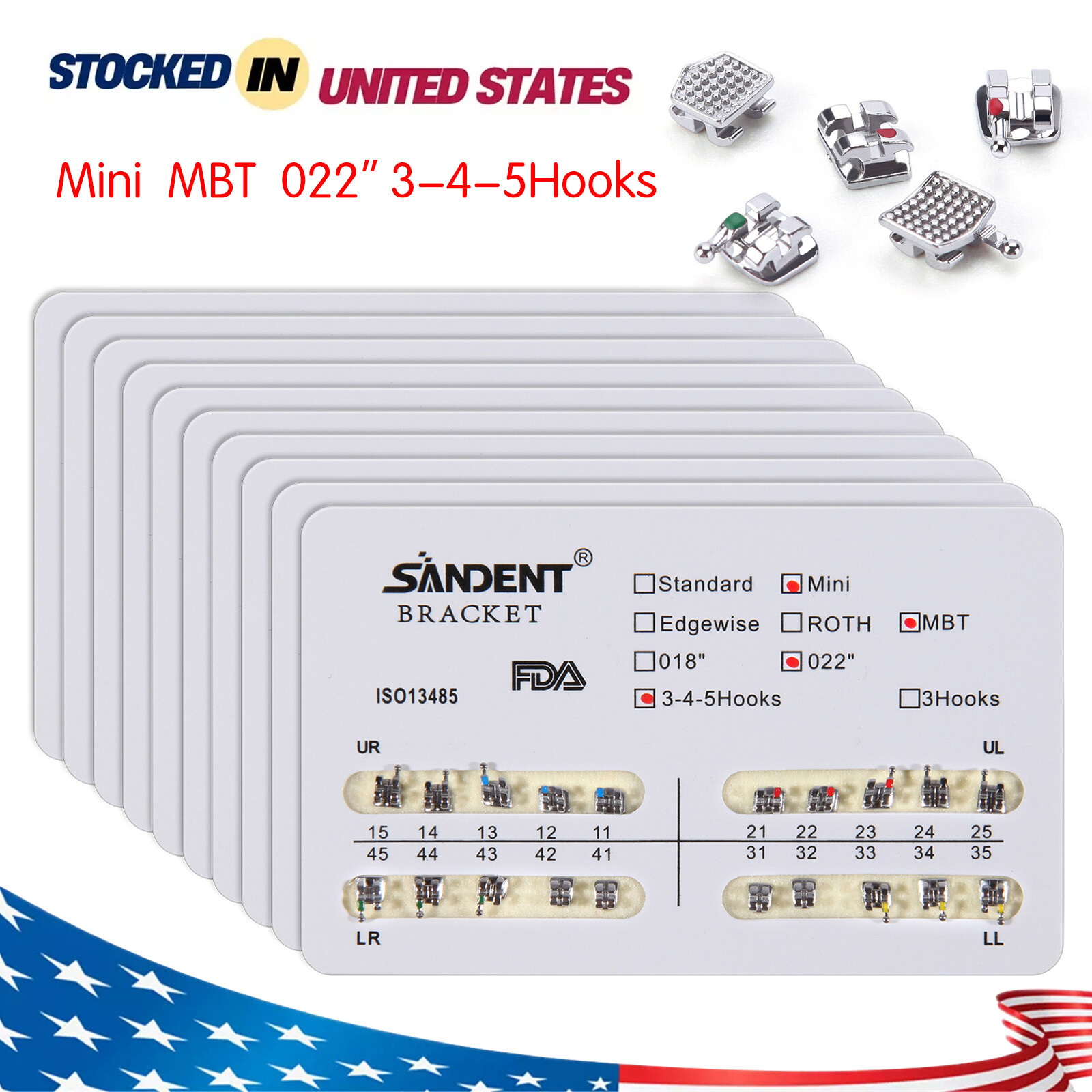10X Dental Orthodontic Metal Brackets Braces Mini MBT Slot.022 345 Hooks ARCH