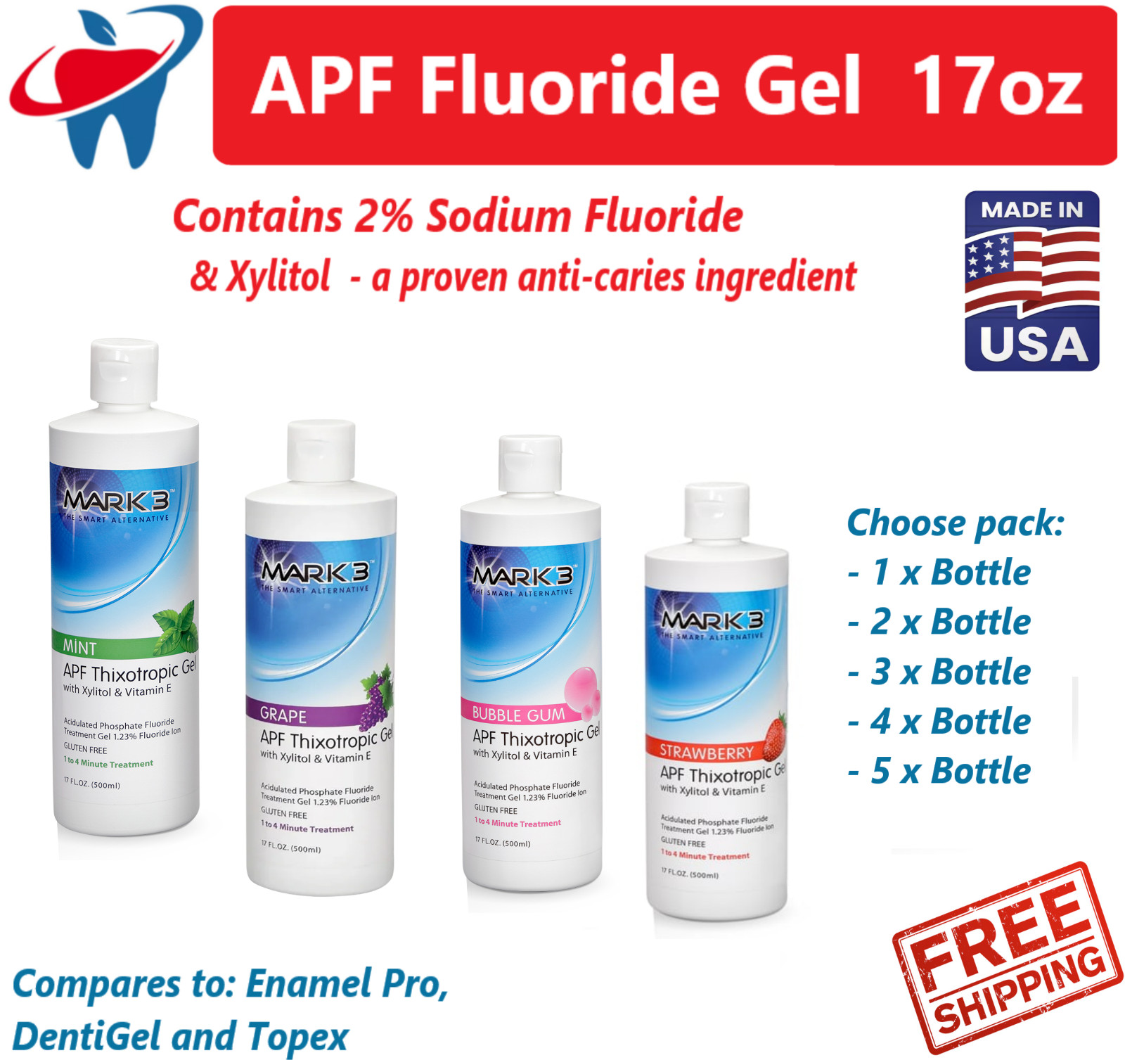 Dental Fluoride Gel Dental APF Thixotrophic Fluoride 1.23% 17 oz., 1-5 Pack USA