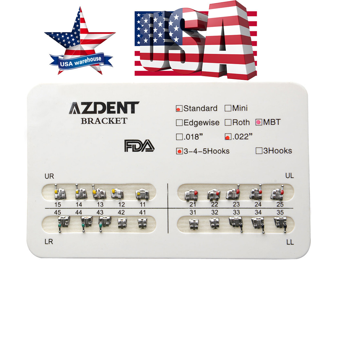 20Packs AZDENT Dental Metal Brackets Standard MBT Slot .022 Hooks 345 20pcs/pack