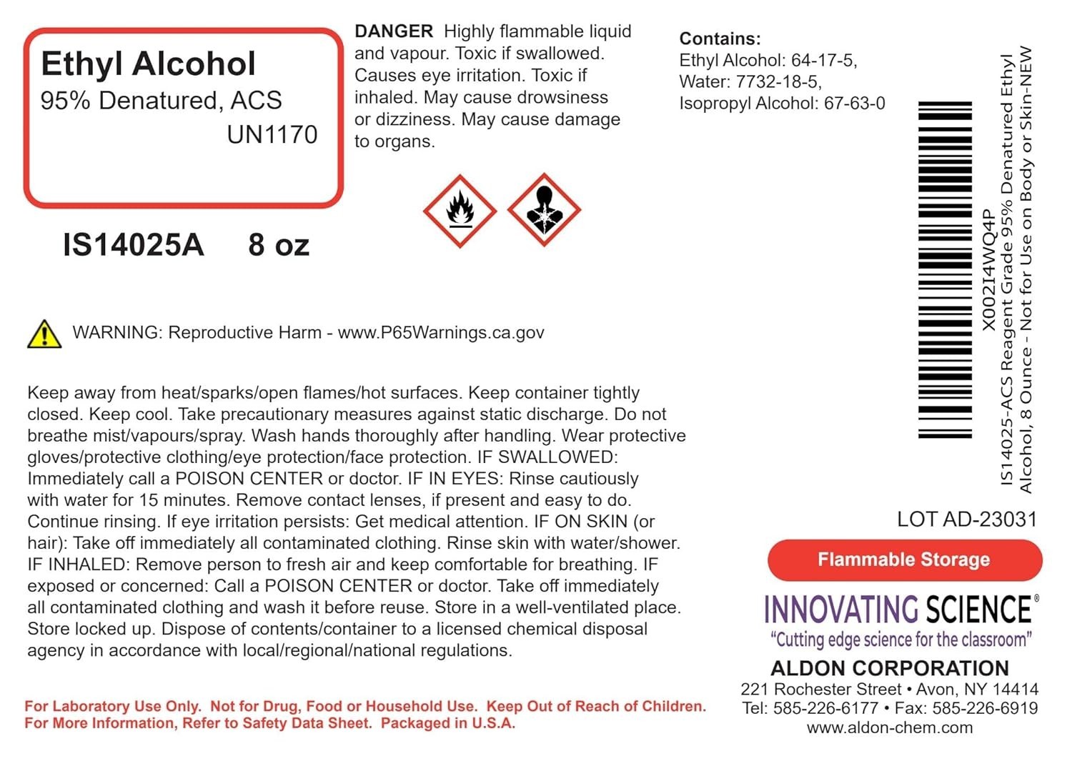 8 Ounce Bottle of 95% ACS Reagent Grade Denatured Ethanol – Safe for Labs
