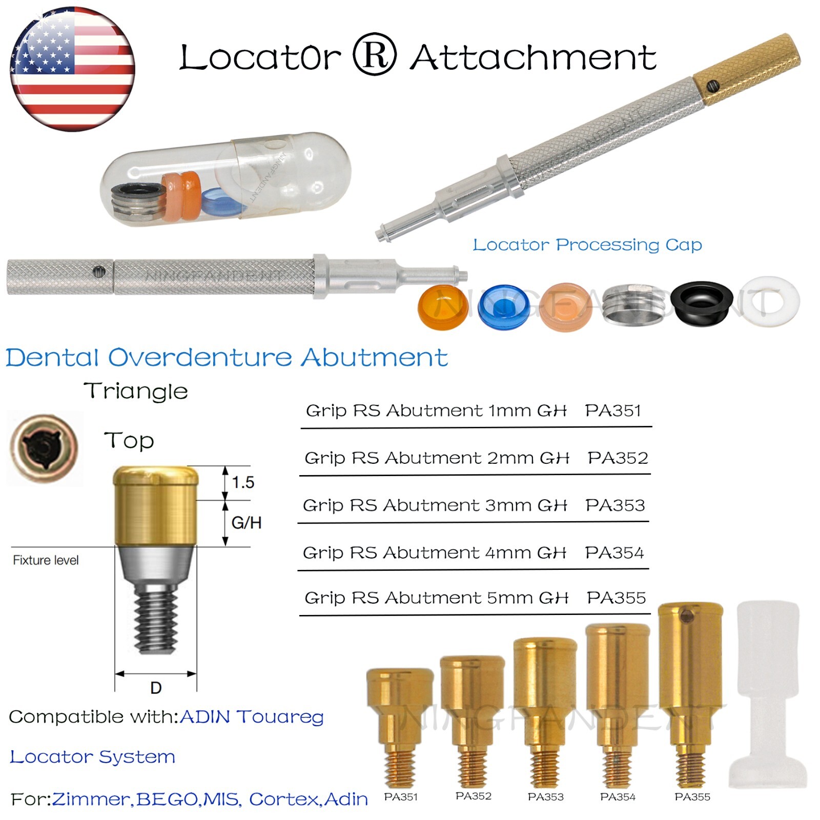 US Overdenture Locator Abutment Male Cap &Tools For Zimmer/BEGO/MIS/Cortex/Adin