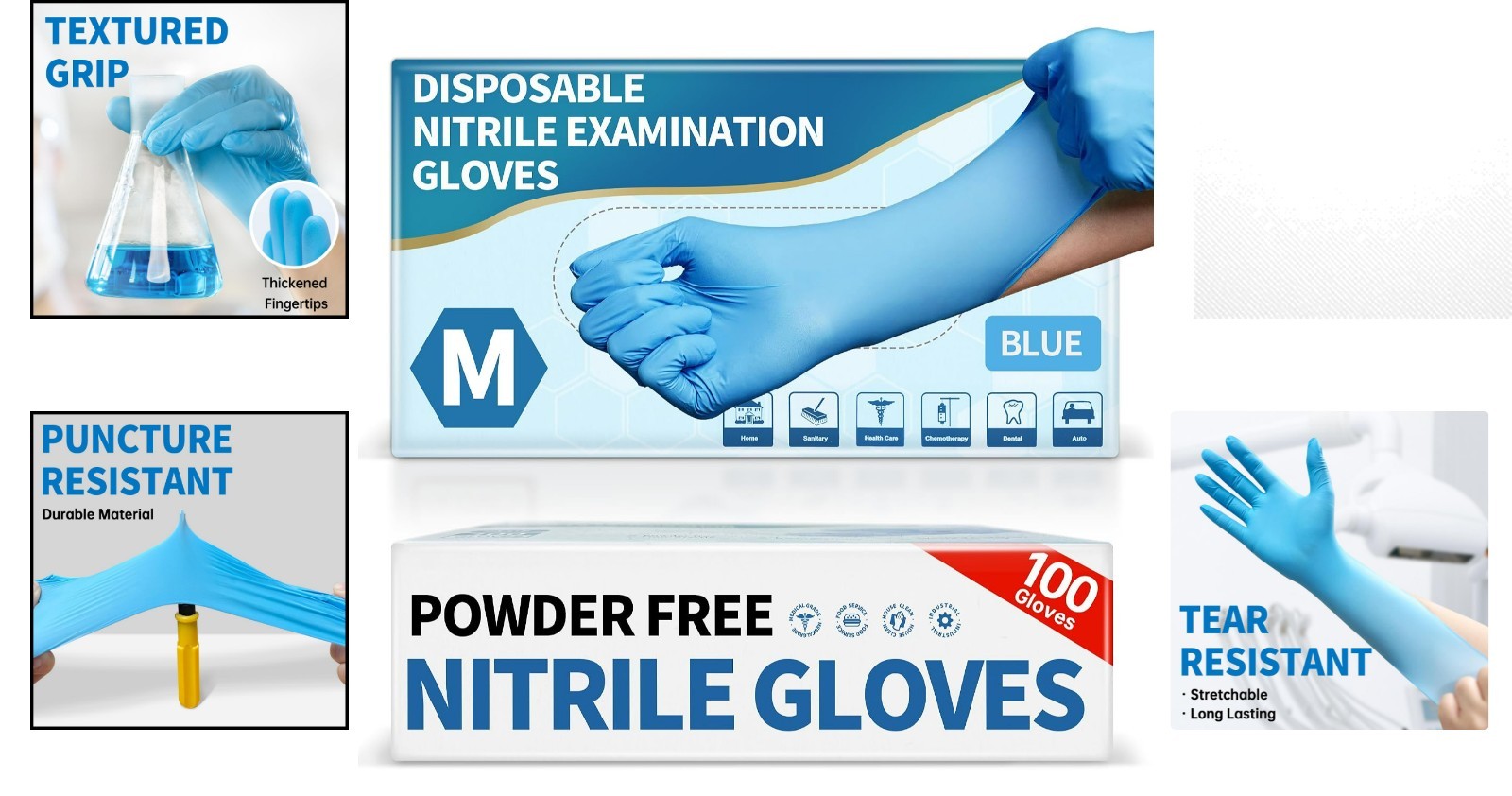 Blue Nitrile Disposable Exam Gloves – 4.5 Mil, 100 Count, Latex-Free & Food-Safe