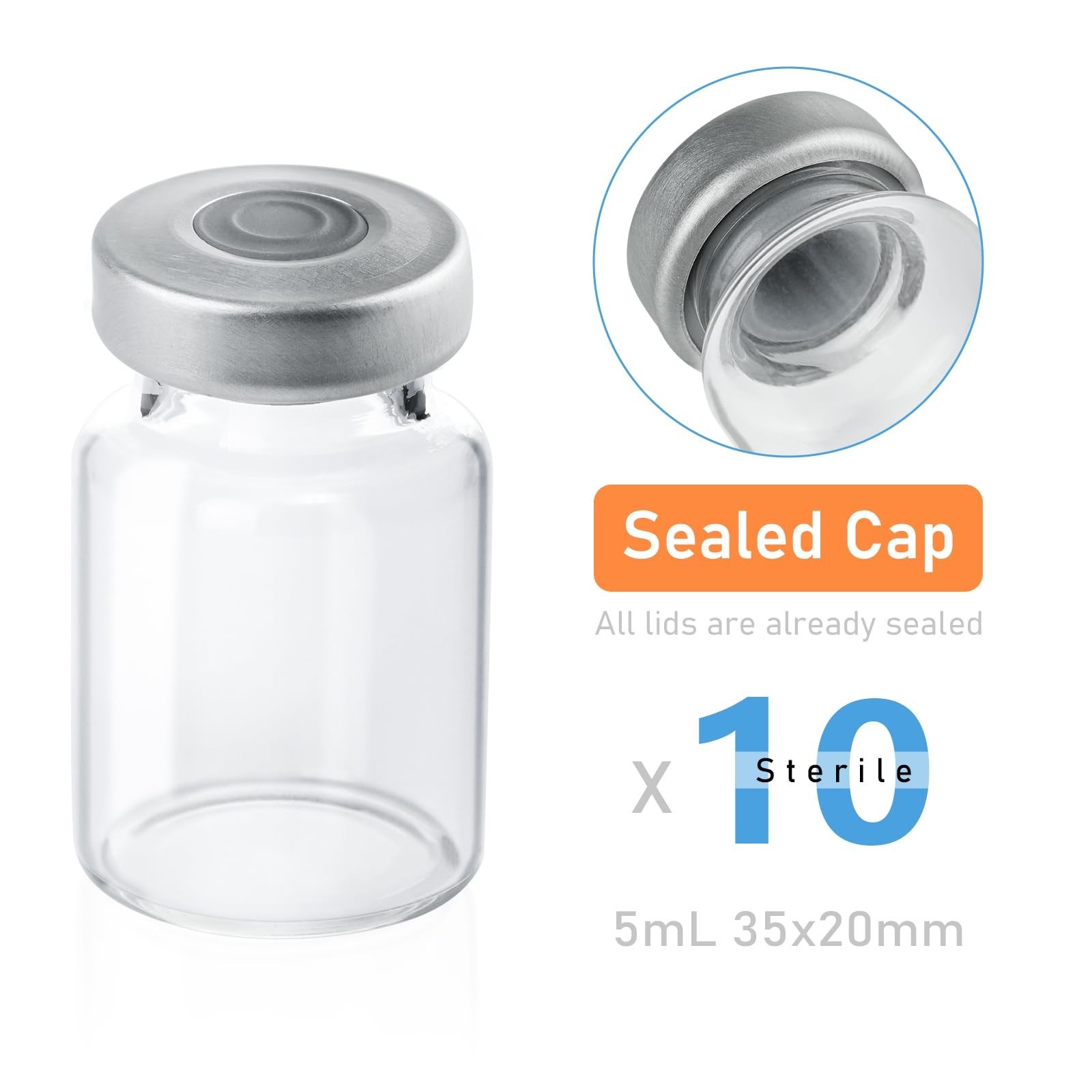50 Pack 5ml Glass Sample Vials with Sealed Self-Healing Injection Port – Clear